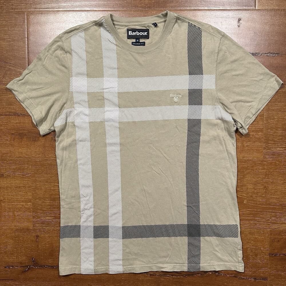 Barbour T Shirt Mens M Beige Nova Check Crew Neck Short Sleeve Cotton Designer
